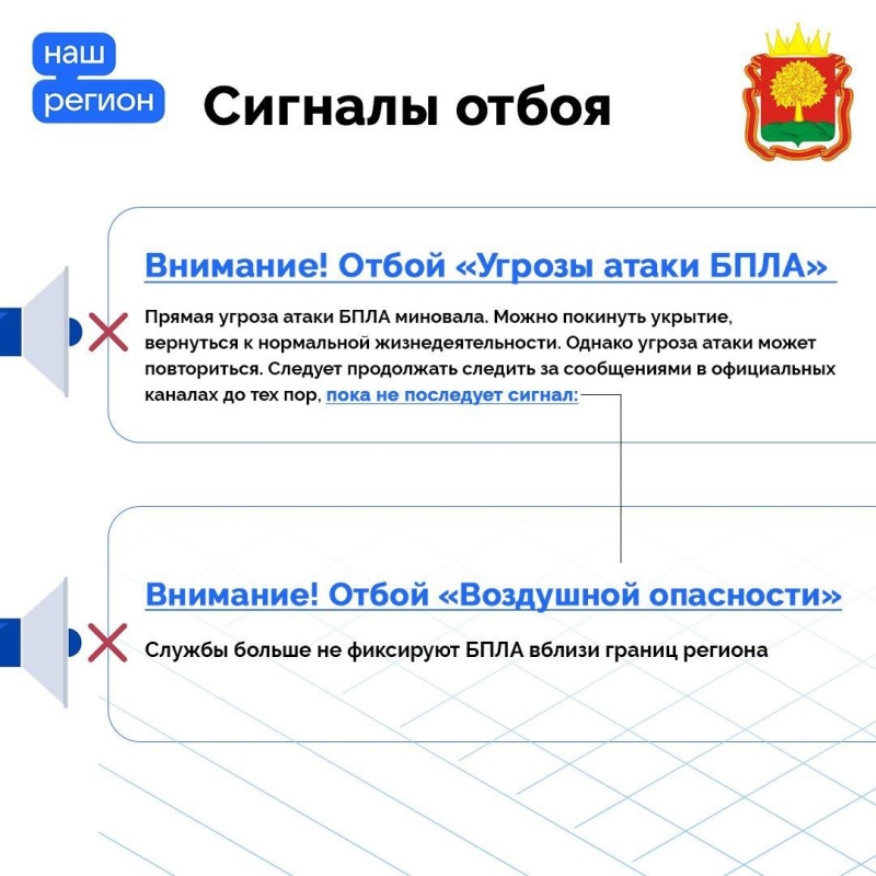 Напоминаем, как действовать при сигналах «Воздушная oпасность» и «Угроза атаки БПЛА»